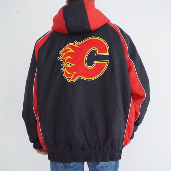 Vintage Starter Calgary Flames Black Red Hooded Jacket NHL Fanwear Sporty 2XL - Picture 2 of 12